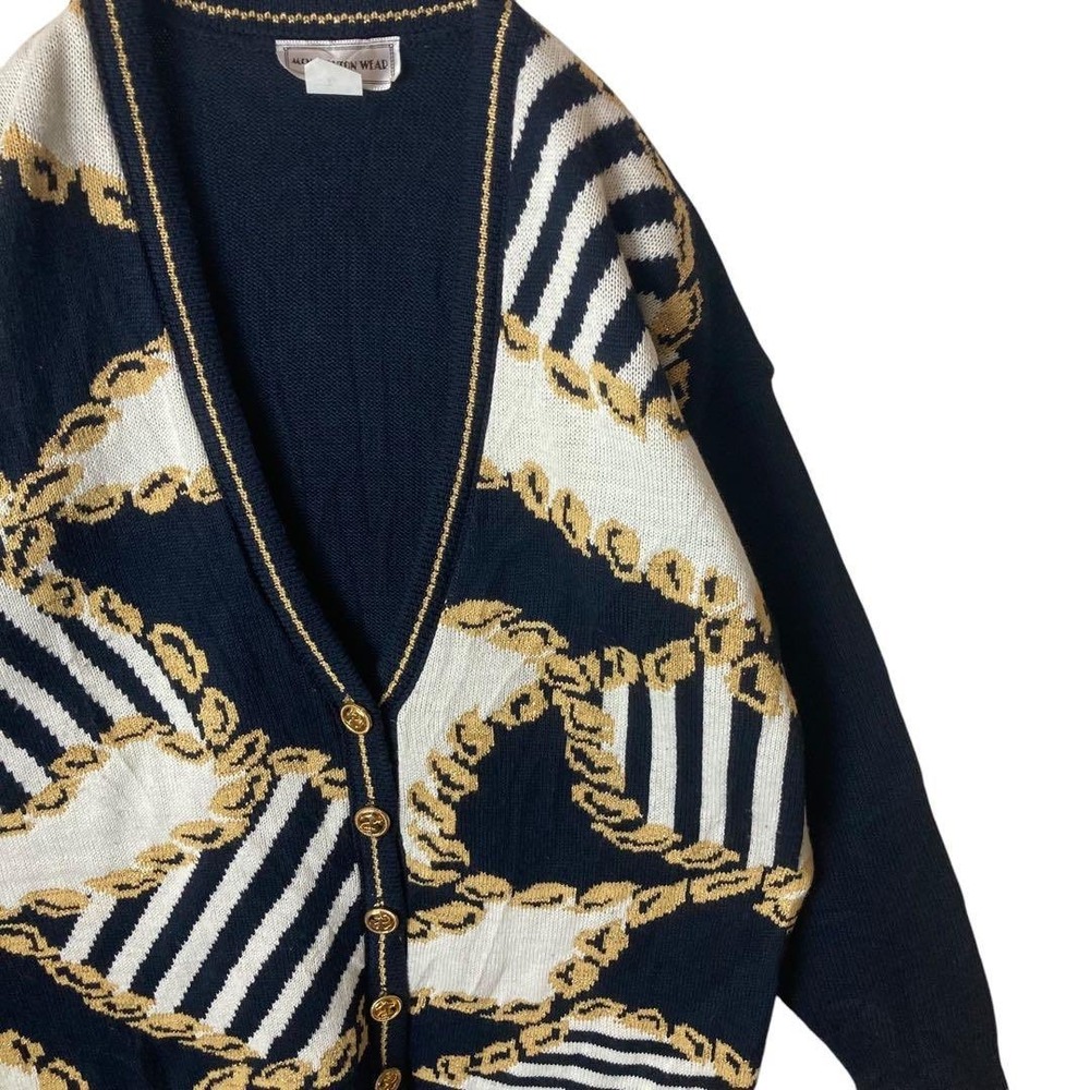 McNaughton Wear Vintage Navy Gold Chain Print Cardigan Sweater Small